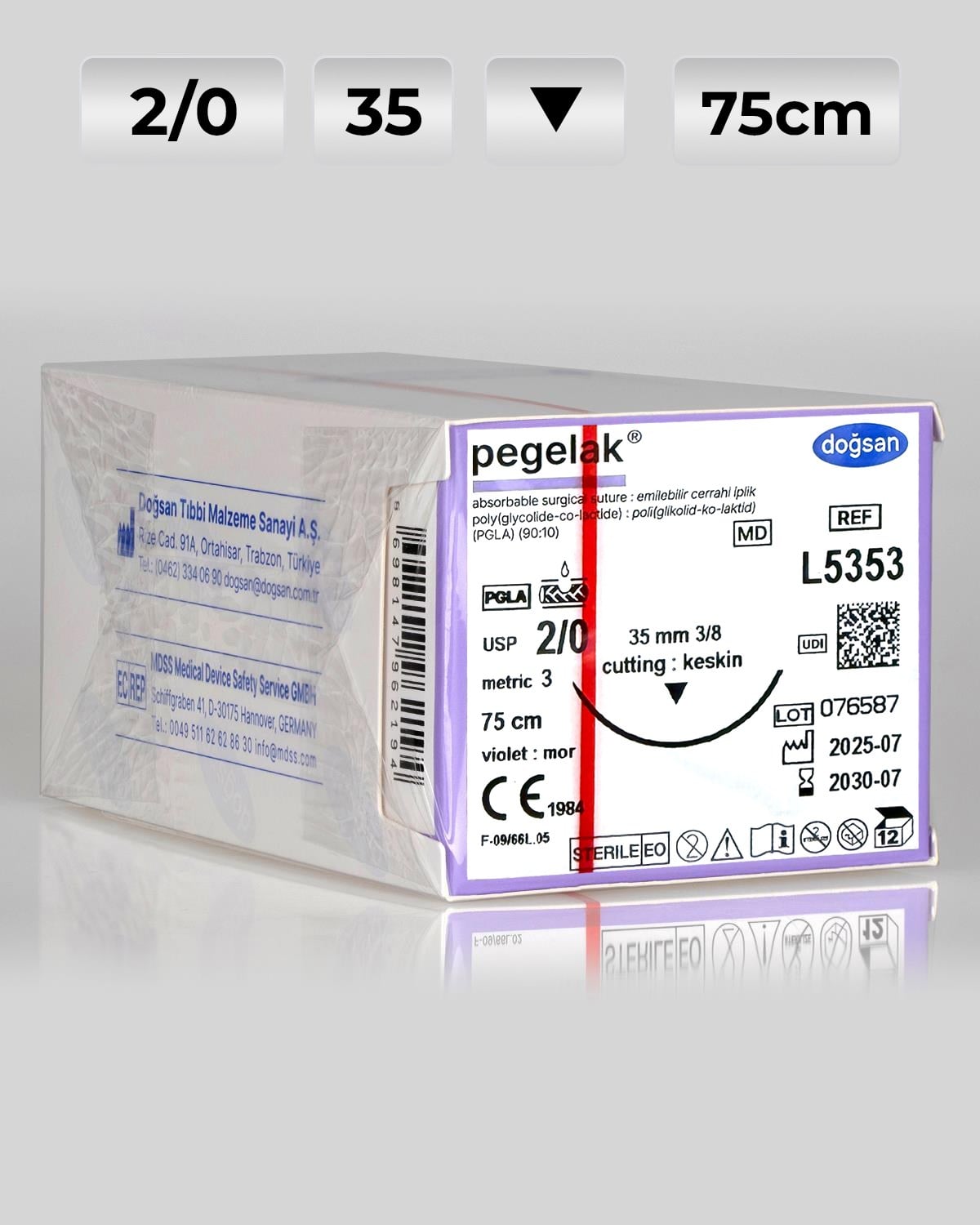 L5353 DOĞSAN Pegelak 2/0 35 3/8 Keskin (▼) 75cm PGLA Emilebilir Sütür 12 Ad./Pkt