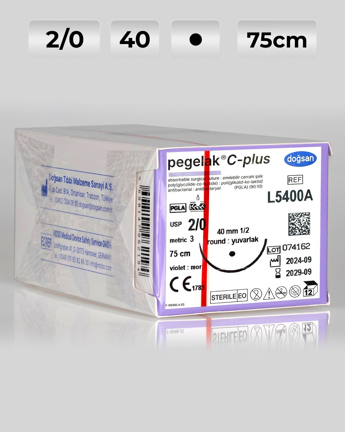 L5400A DOĞSAN Pegelak 2/0 40 1/2 Yuvarlak (●) 75cm PGLA Emilebilir Sütür 12 Ad./Pkt