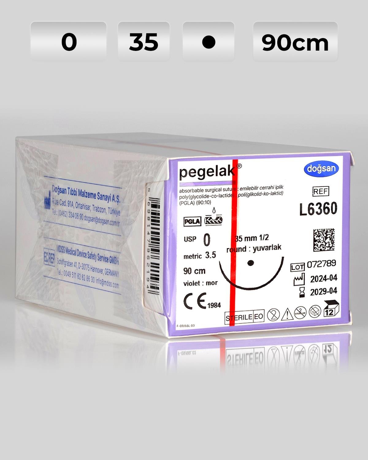 L6360 DOĞSAN Pegelak 0 35 1/2 Yuvarlak (●) 90cm PGLA Emilebilir Sütür 12 Ad./Pkt