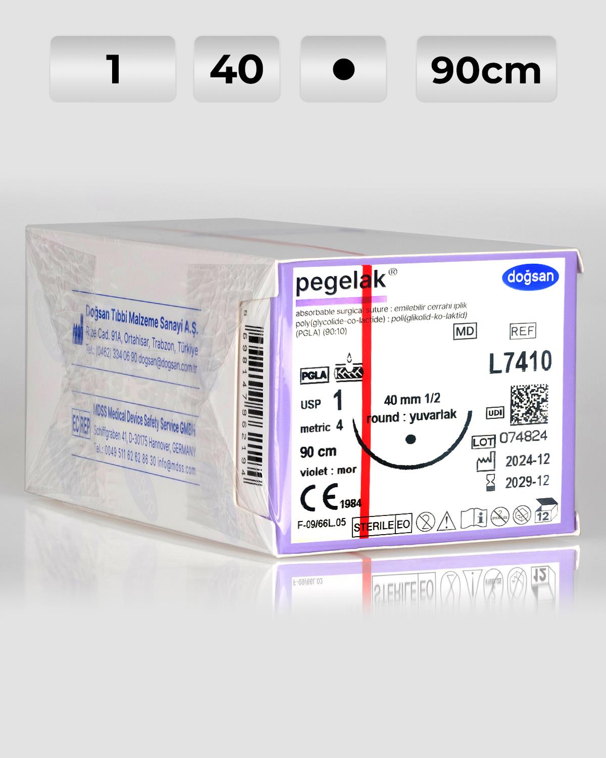 L7410 DOĞSAN Pegelak 1 40 1/2 Yuvarlak (●) 90cm PGLA Emilebilir Sütür 12 Ad./Pkt