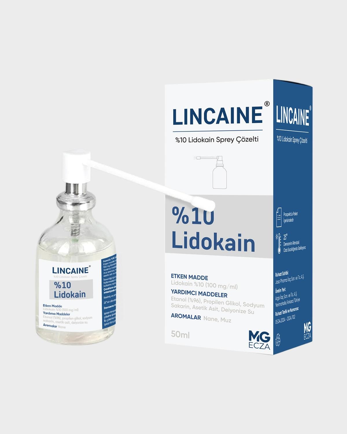 Lincaine Sprey % 10, lidokain etken maddleli sprey çözelti, 50 mL şişe/kutu