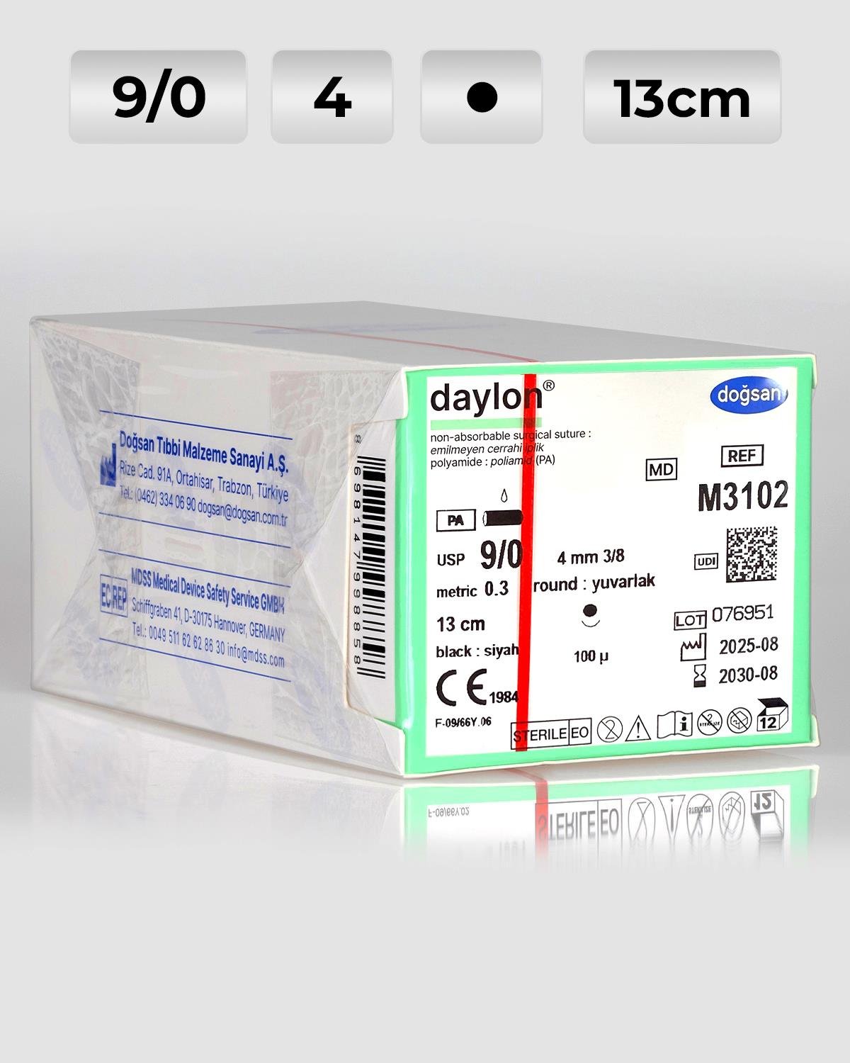 M3102 DOĞSAN Daylon 9/0 4 3/8 Yuvarlak (●) 13cm Polyamid Emilemeyen Sütür 12 Ad./Pkt