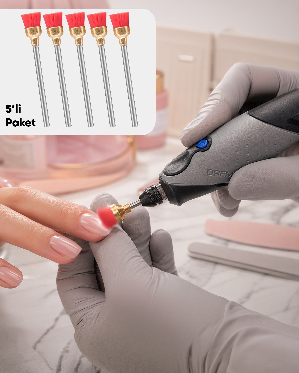 Manikür Pedikür Fırçası, Tırnak Temizlik Fırçası, Pembe Ultra Yumuşak Polisaj Fırçası, L:5-D:7mm, (Sertlik:1), 5 Ad./Pkt.