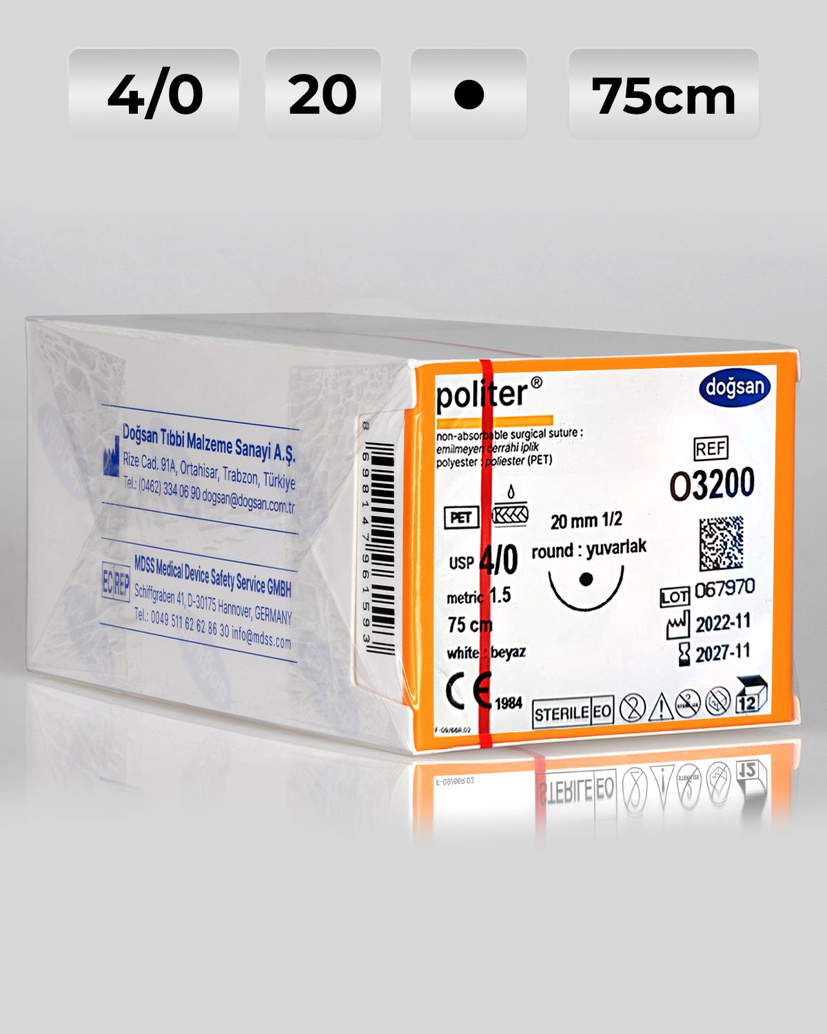 O3200 DOĞSAN Politer 4/0 20 1/2 Yuvarlak (●) 75cm Polyester Emilemeyen Sütür 12 Ad./Pkt
