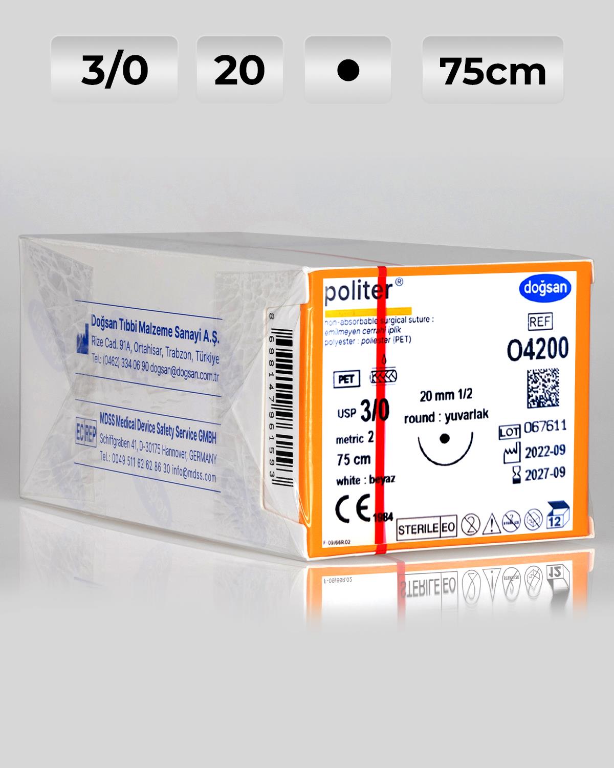 O4200 DOĞSAN Politer 3/0 20 1/2 Yuvarlak (●) 75cm Polyester Emilemeyen Sütür 12 Ad./Pkt