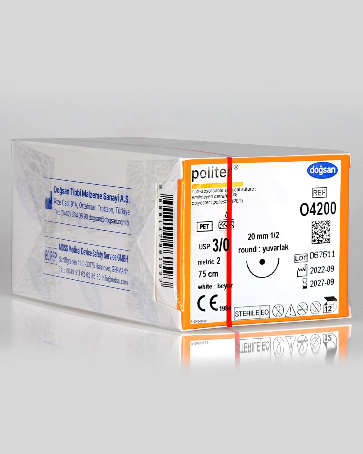 O4200 DOĞSAN Politer 3/0 20 1/2 Yuvarlak (●) 75cm Polyester Emilemeyen Sütür 12 Ad./Pkt
