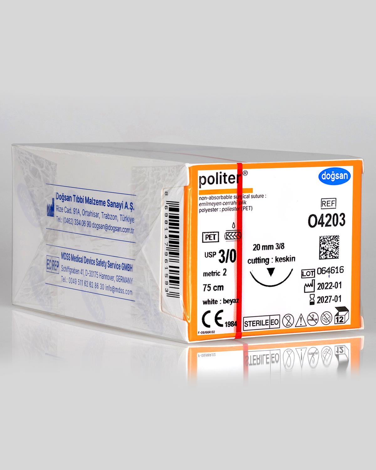 O4203 DOĞSAN Politer 3/0 20 3/8 Keskin (▼) 75cm Polyester Emilemeyen Sütür 12 Ad./Pkt