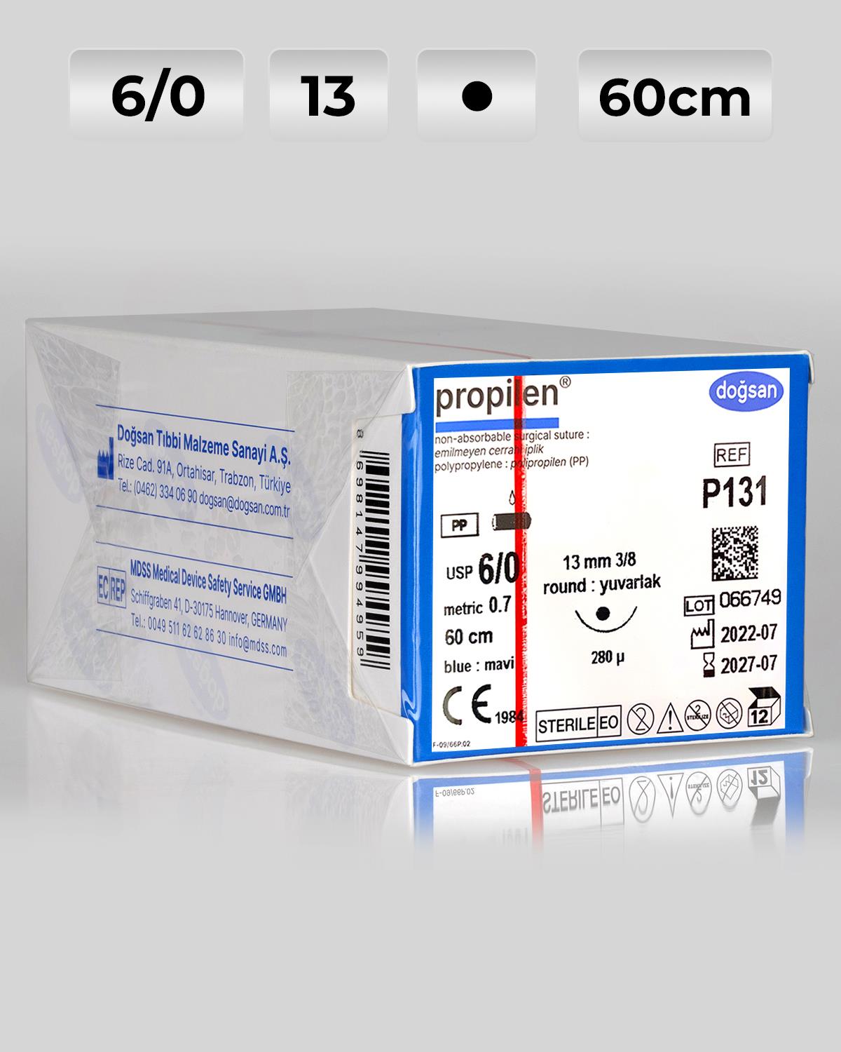 P131 DOĞSAN Propilen 6/0 13 3/8 Yuvarlak (●) 60cm Polipropilen Emilemeyen Sütür 12 Ad./Pkt