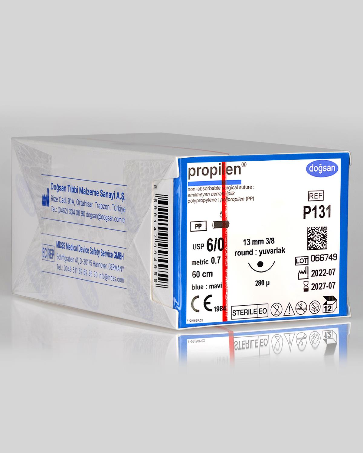 P131 DOĞSAN Propilen 6/0 13 3/8 Yuvarlak (●) 60cm Polipropilen Emilemeyen Sütür 12 Ad./Pkt