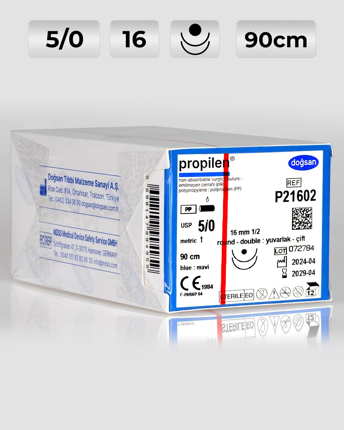 P21602 DOĞSAN Propilen 5/0 16 1/2 Yuvarlak (●),çift 90cm Polipropilen Emilemeyen Sütür 12 Ad./Pkt