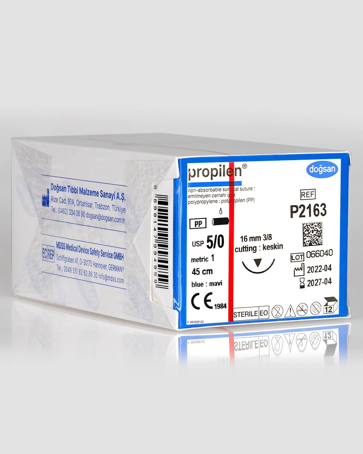 P2163 DOĞSAN Propilen 5/0 16 3/8 Keskin (▼) 45cm Polipropilen Emilemeyen Sütür 12 Ad./Pkt