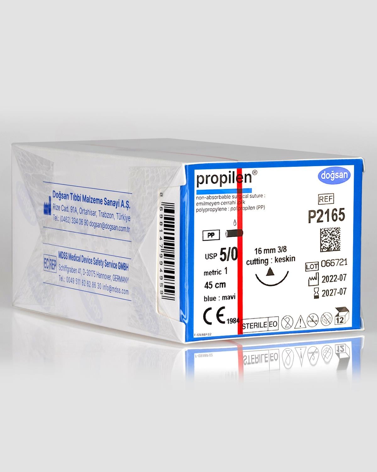 P2165 DOĞSAN Propilen 5/0 16 3/8 Keskin (Δ) 45cm Polipropilen Emilemeyen Sütür 12 Ad./Pkt