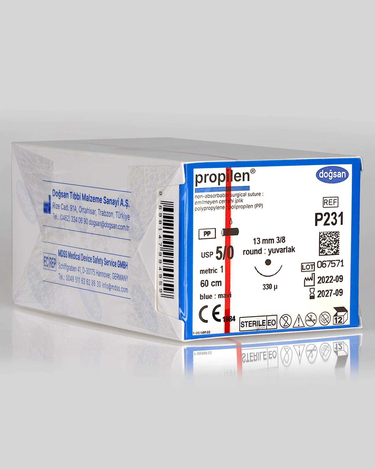 P231 DOĞSAN Propilen 5/0 13 3/8 Yuvarlak (●) 60cm Polipropilen Emilemeyen Sütür 12 Ad./Pkt