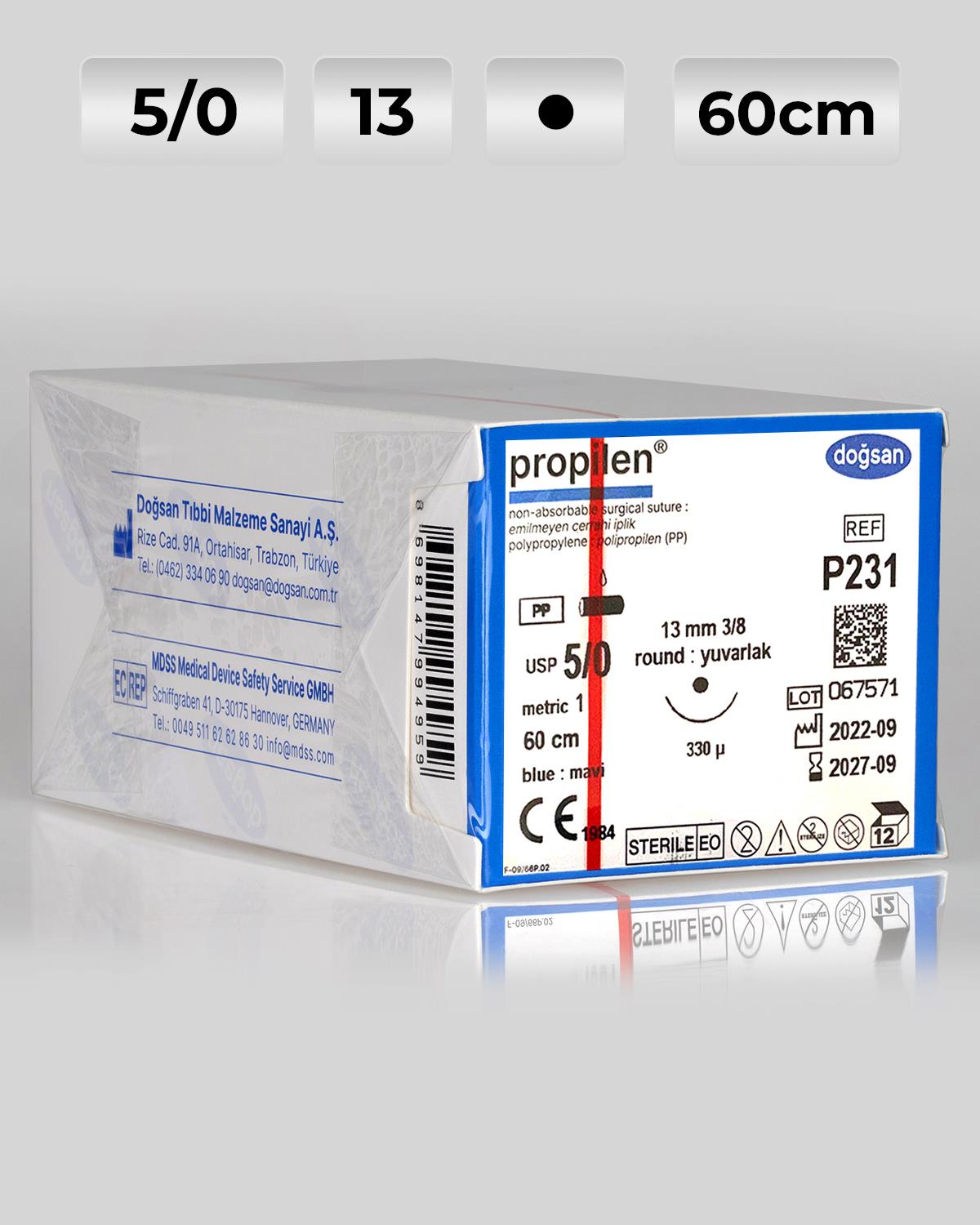 P231 DOĞSAN Propilen 5/0 13 3/8 Yuvarlak (●) 60cm Polipropilen Emilemeyen Sütür 12 Ad./Pkt