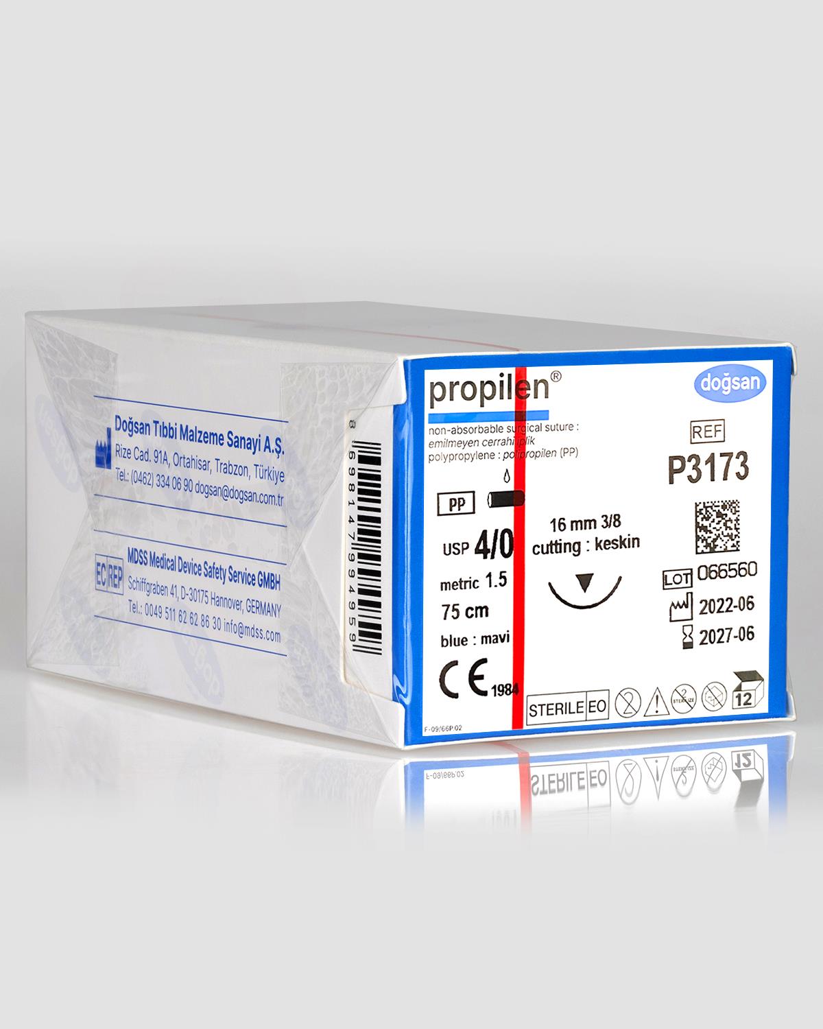 P3173 DOĞSAN Propilen 4/0 16 3/8 Keskin (▼) 75cm Polipropilen Emilemeyen Sütür 12 Ad./Pkt