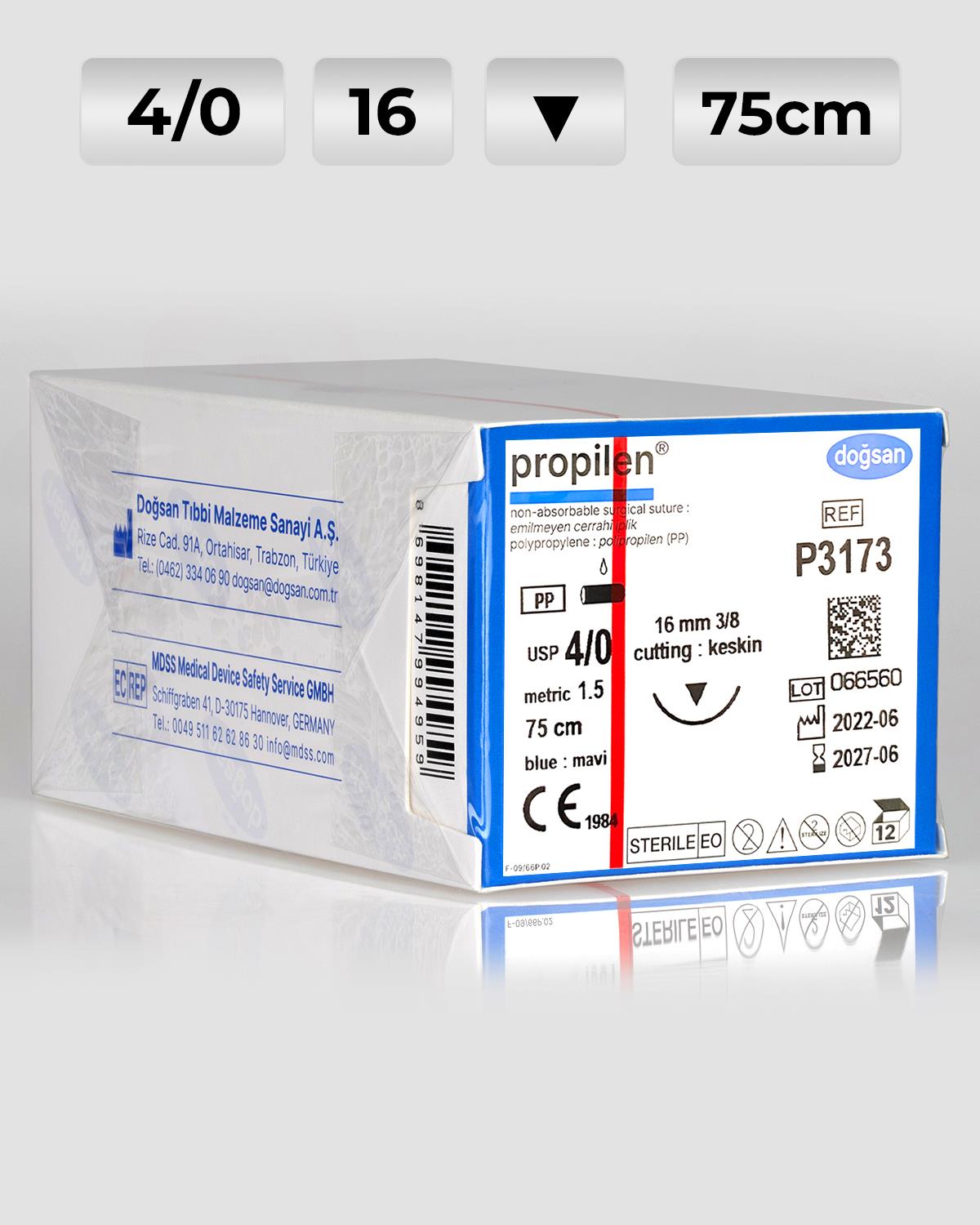 P3173 DOĞSAN Propilen 4/0 16 3/8 Keskin (▼) 75cm Polipropilen Emilemeyen Sütür 12 Ad./Pkt