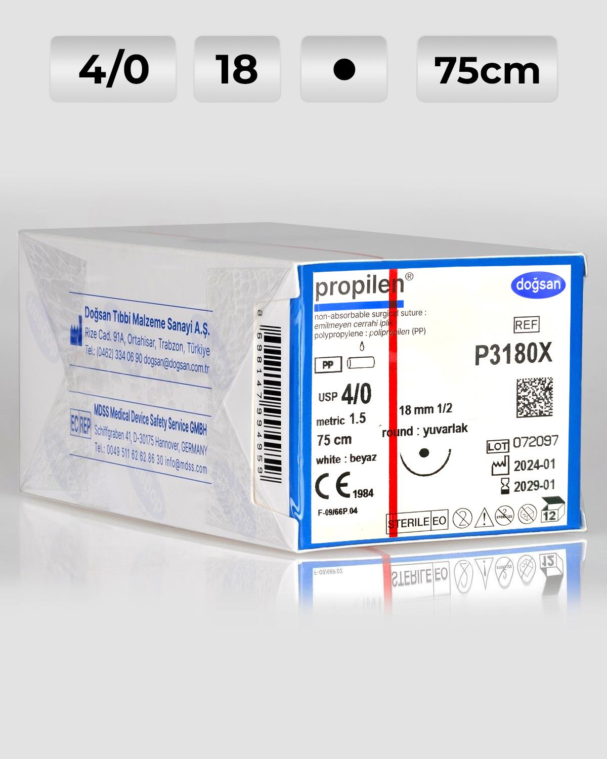 P3180X DOĞSAN Propilen 4/0 18 1/2 Yuvarlak (●) 75cm Polipropilen Emilemeyen Sütür 12 Ad./Pkt