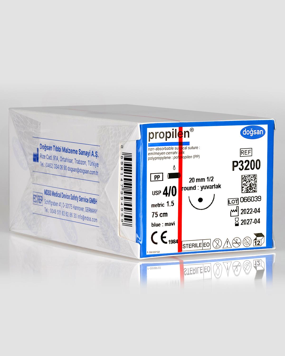 P3200 DOĞSAN Propilen 4/0 20 1/2 Yuvarlak (●) 75cm Polipropilen Emilemeyen Sütür 12 Ad./Pkt