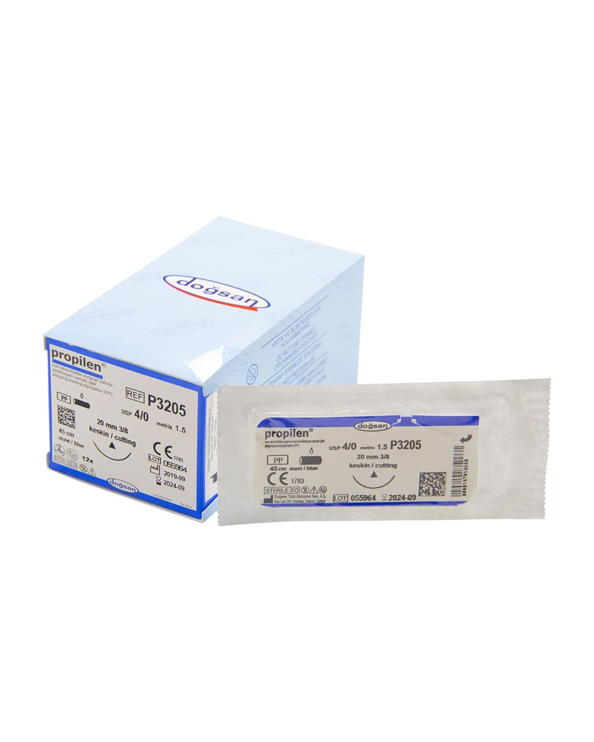 P3205 DOĞSAN Propilen 4/0 20 3/8 Keskin (Δ) 45cm Polipropilen Emilemeyen Sütür 12 Ad./Pkt