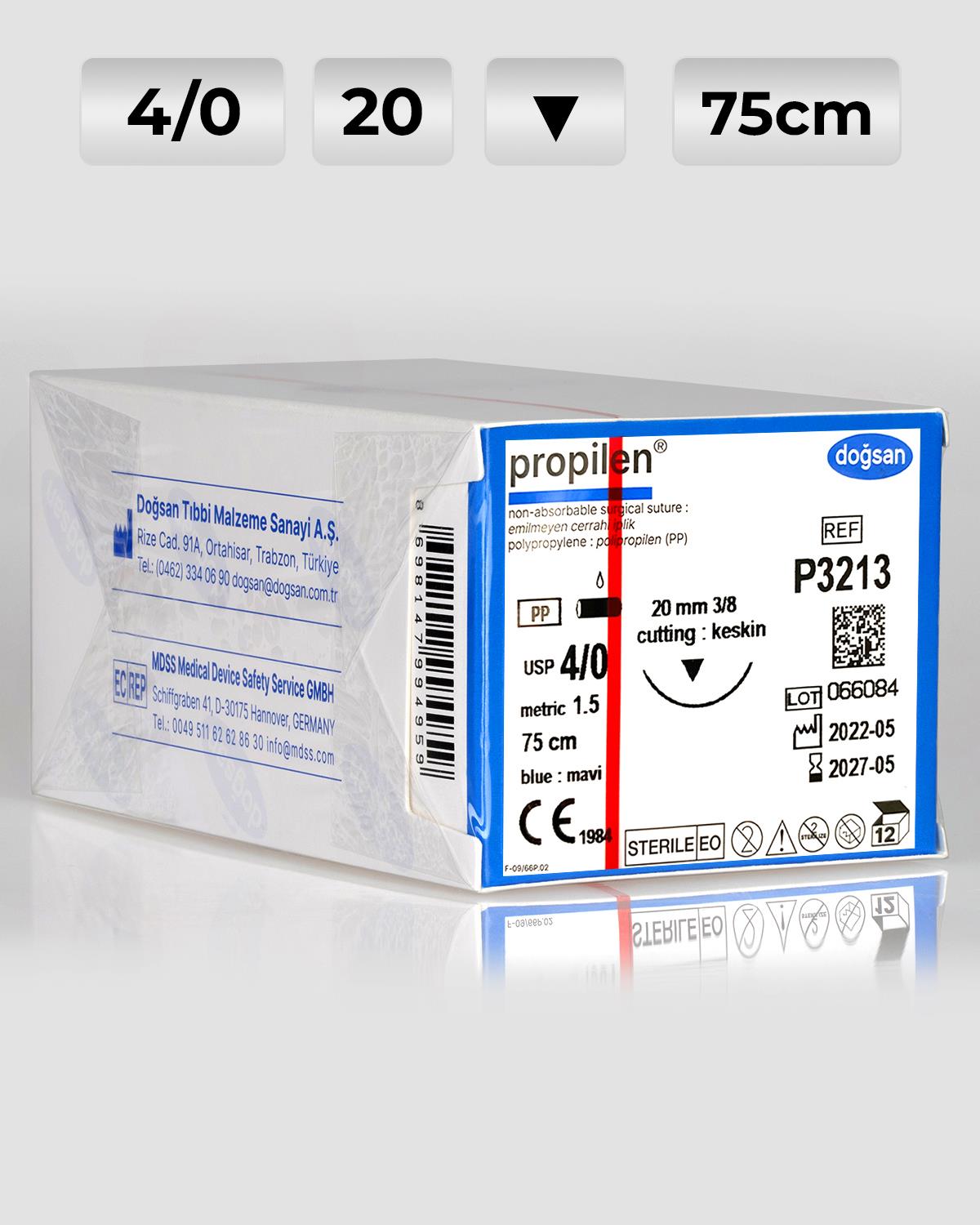 P3213 DOĞSAN Propilen 4/0 20 3/8 Keskin (▼) 75cm Polipropilen Emilemeyen Sütür 12 Ad./Pkt