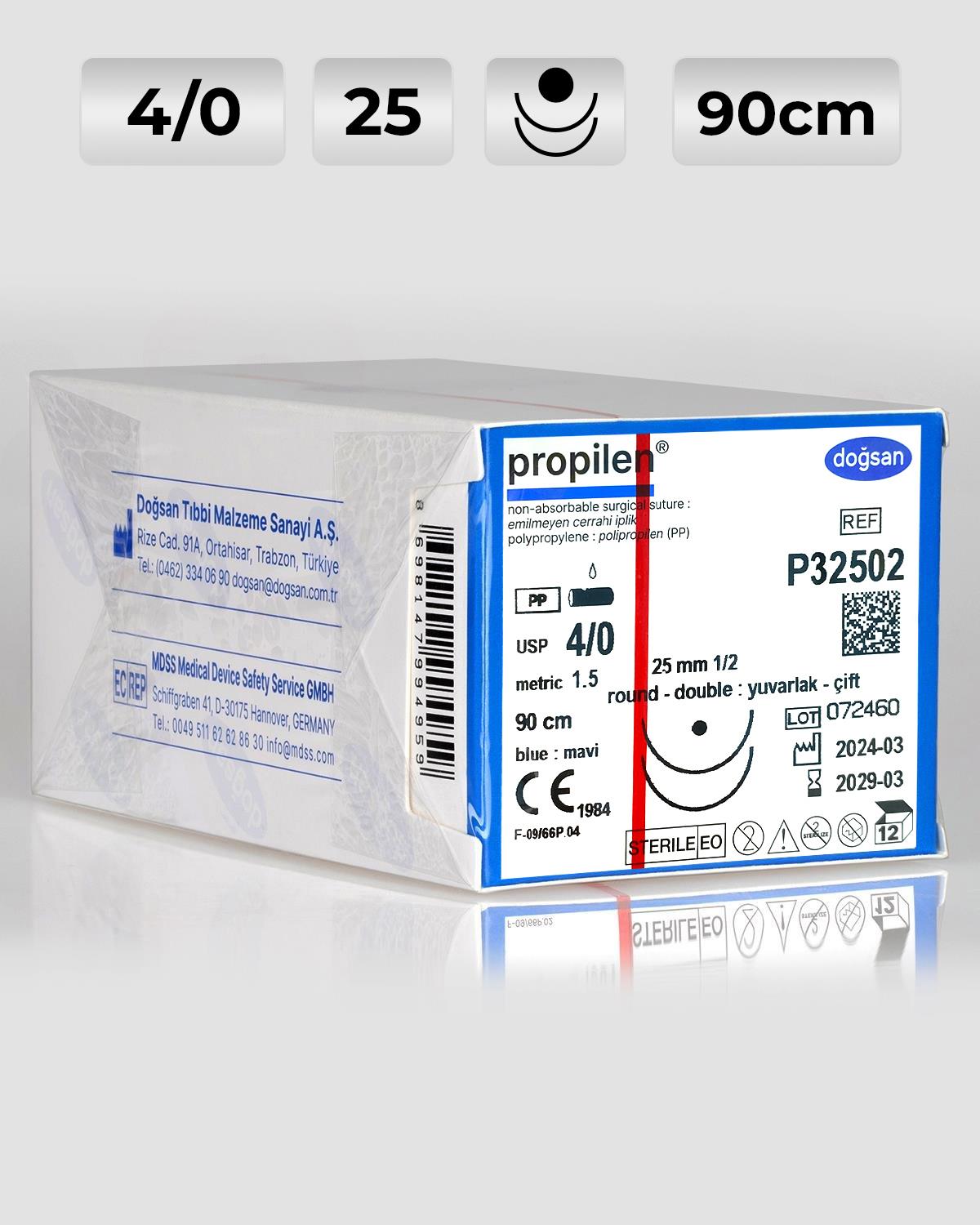 P32502 DOĞSAN Propilen 4/0 25 1/2 Yuvarlak (●),çift 90cm Polipropilen Emilemeyen Sütür 12 Ad./Pkt