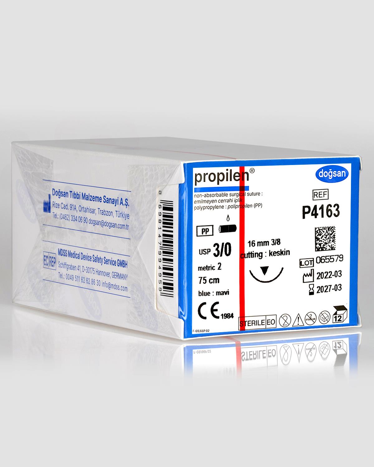 P4163 DOĞSAN Propilen 3/0 16 3/8 Keskin (▼) 75cm Polipropilen Emilemeyen Sütür 12 Ad./Pkt