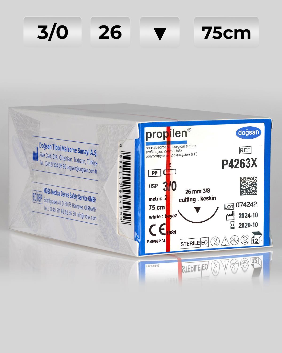 P4263X DOĞSAN Propilen 3/0 26 3/8 Keskin (▼) Polipropilen Emilemeyen Sütür