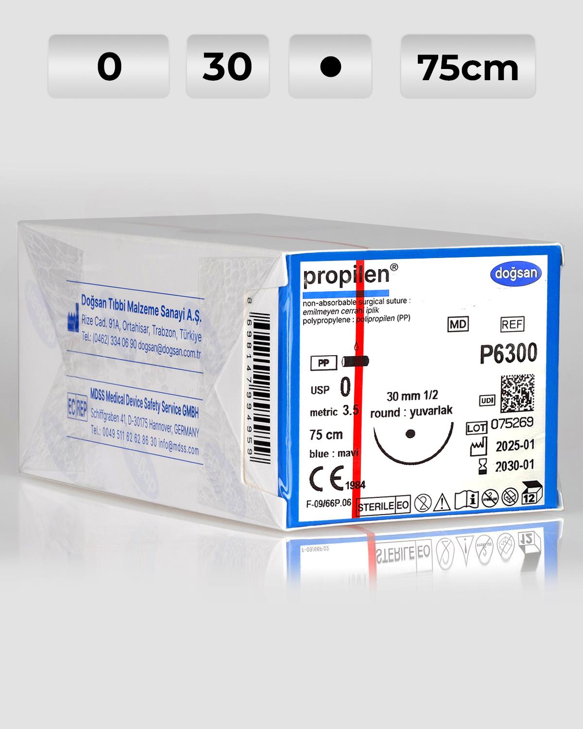 P6300 DOĞSAN Propilen 0 30 1/2 Yuvarlak (●) 75cm Polipropilen Emilemeyen Sütür 12 Ad./Pkt