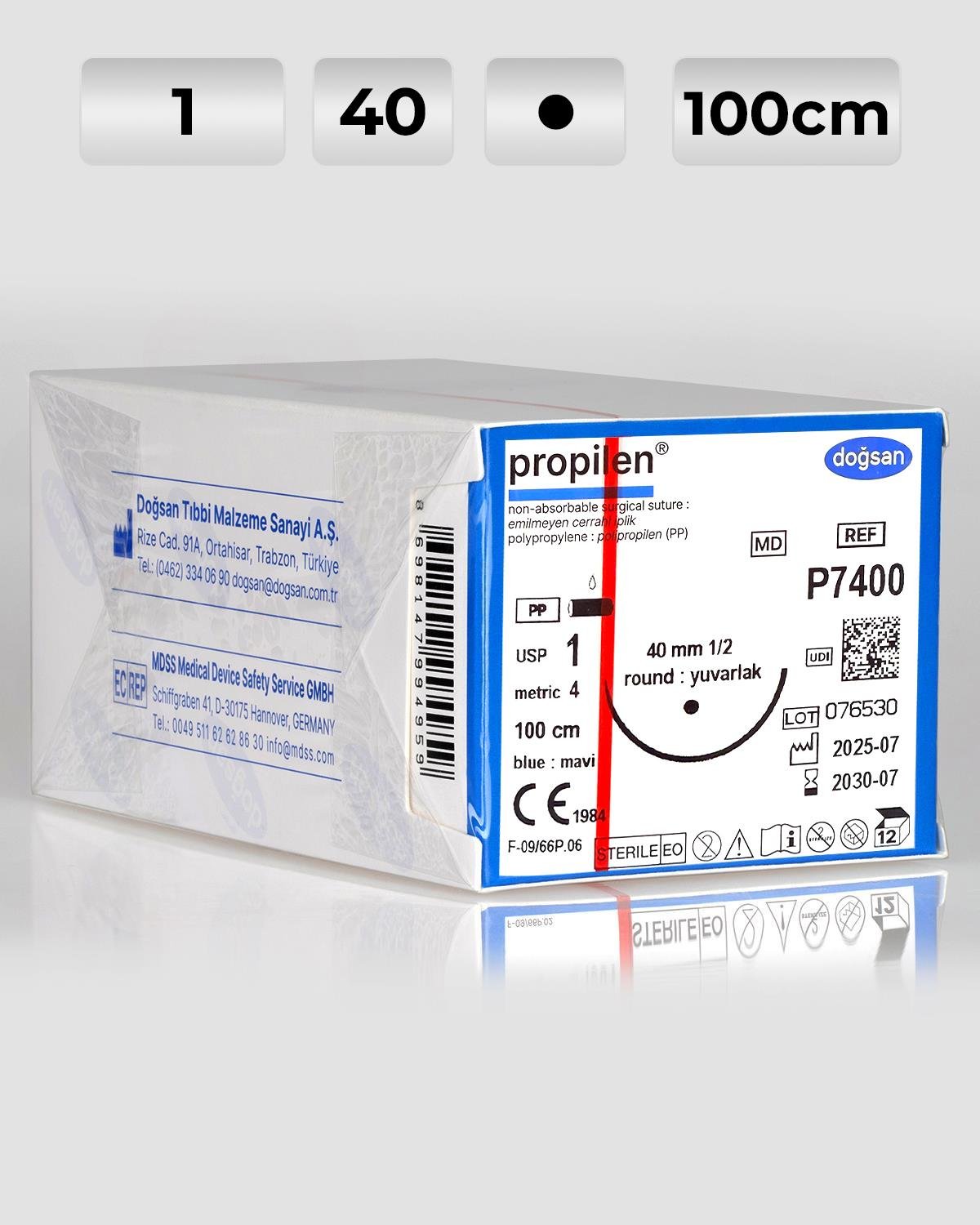 P7400 DOĞSAN Propilen 1 40 1/2 Yuvarlak (●) 100cm Polipropilen Emilemeyen Sütür 12 Ad./Pkt