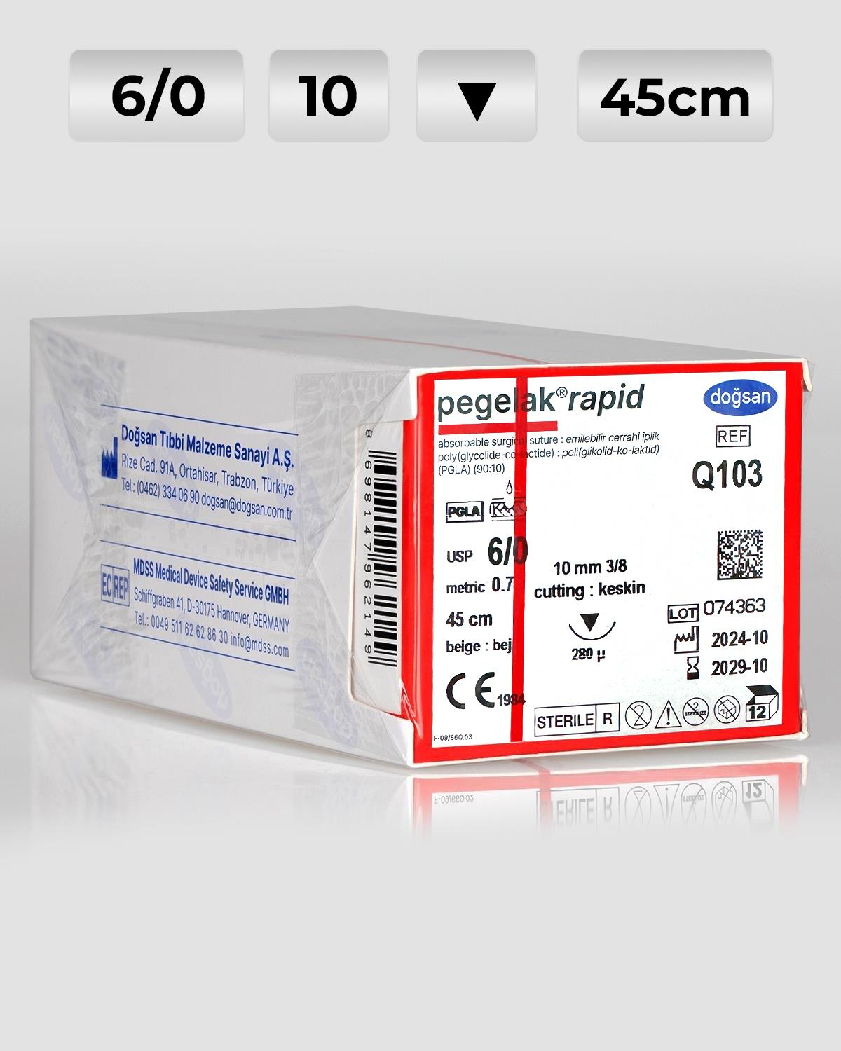 Q103 Pegelak Rapid 6/0 10 3/8 Keskin (▼) 45cm PGLA Emilebilir Sütür 12 Ad./Pkt