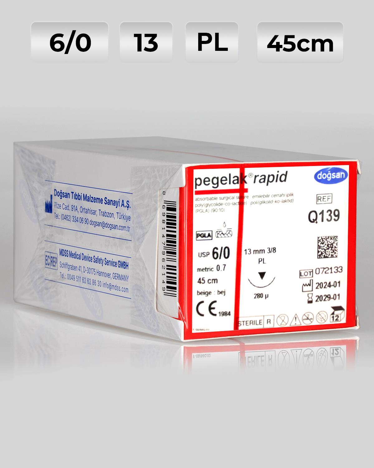 Q139 DOĞSAN Pegelak Rapid 6/0 13 3/8 PL 45cm PGLA Emilebilir Sütür 12 Ad./Pkt