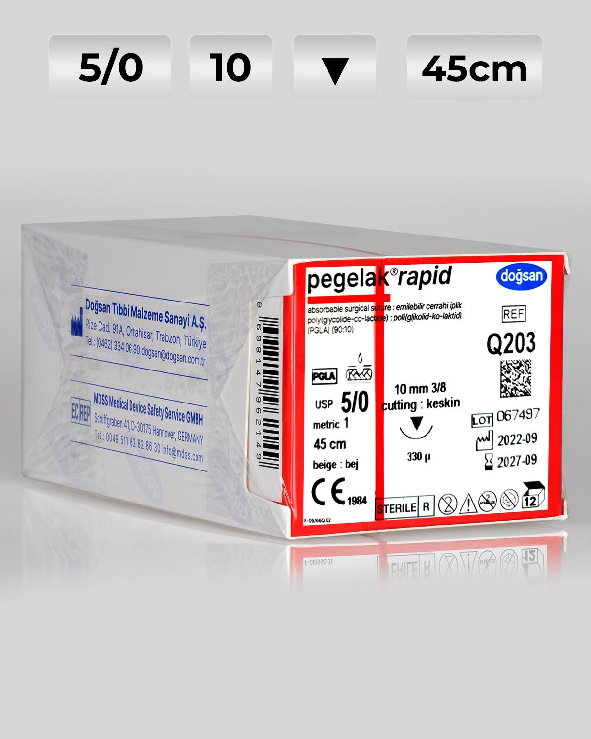 Q203 DOĞSAN Pegelak Rapid 5/0 10 3/8 Keskin (▼) 45cm PGLA Emilebilir Sütür 12 Ad./Pkt