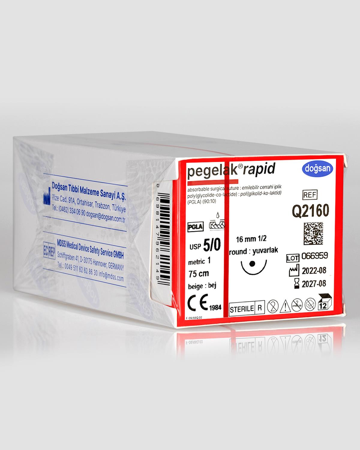 Q2160 DOĞSAN Pegelak Rapid 5/0 16 1/2 Yuvarlak (●) 75cm PGLA Emilebilir Sütür 12 Ad./Pkt