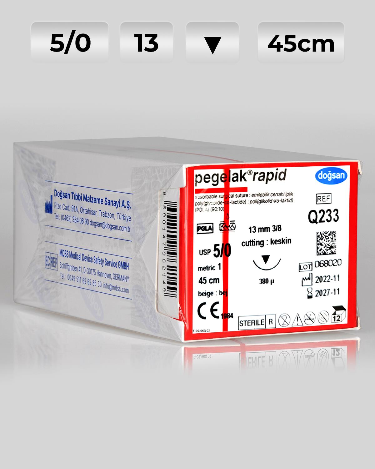 Q233 DOĞSAN Pegelak Rapid 5/0 13 3/8 Keskin (▼) 45cm PGLA Emilebilir Sütür 12 Ad./Pkt