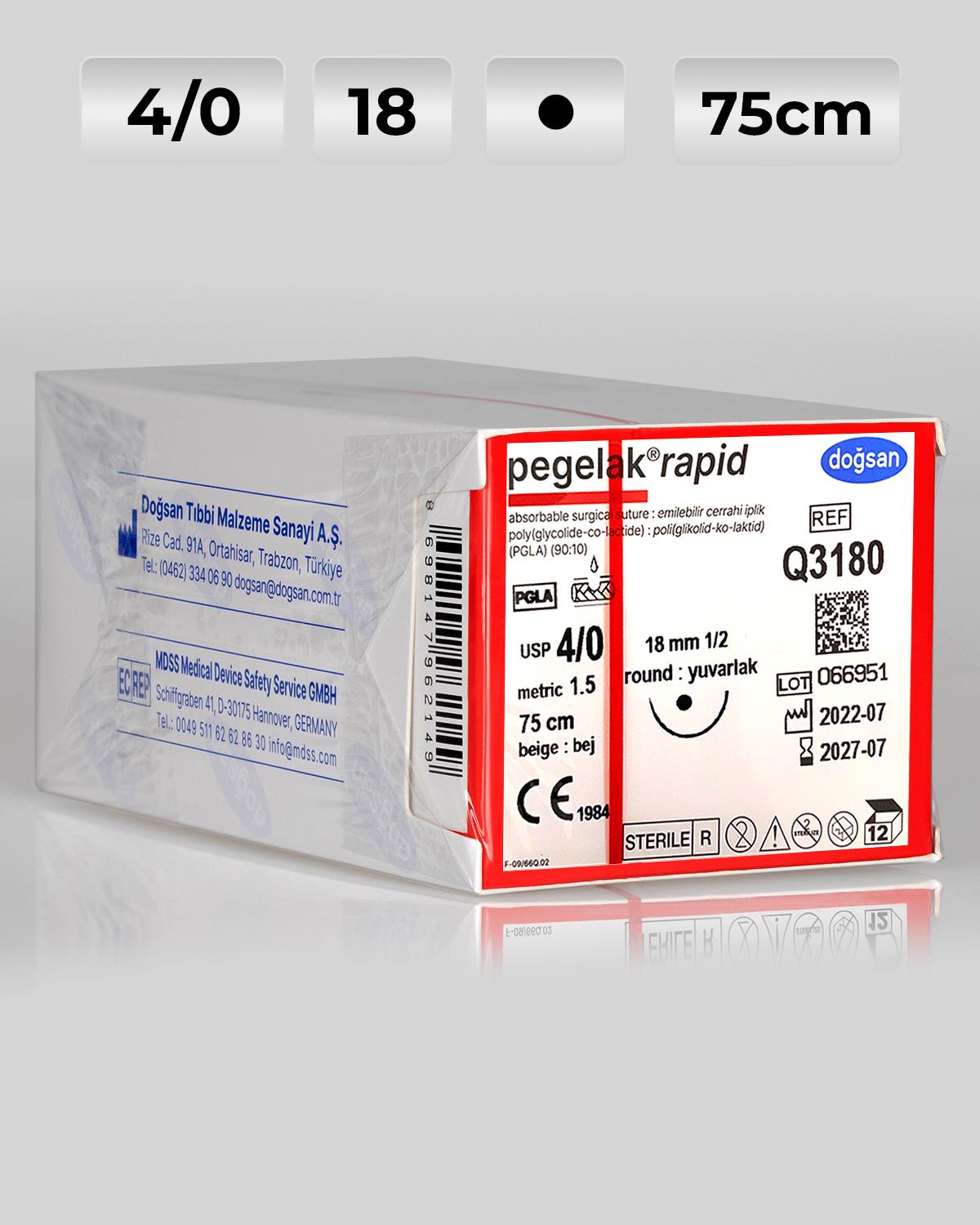 Q3180 DOĞSAN Pegelak Rapid 4/0 18 1/2 Yuvarlak (●) 75cm PGLA Emilebilir Sütür 12 Ad./Pkt
