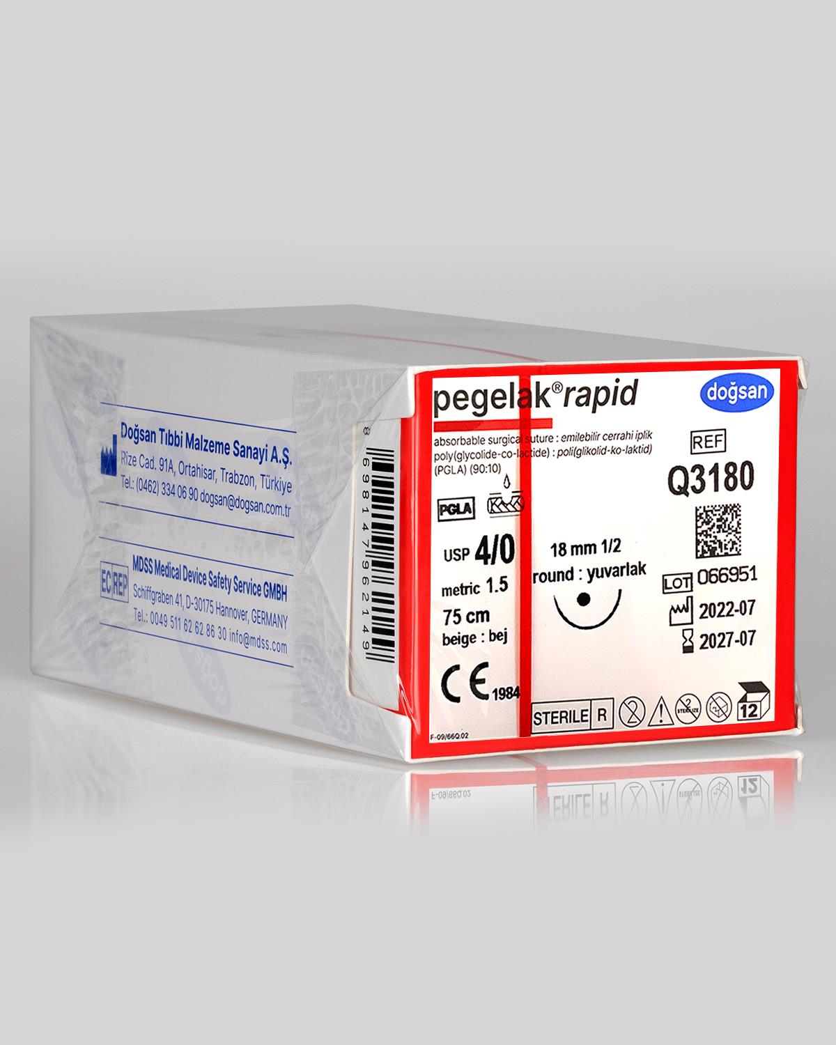 Q3180 DOĞSAN Pegelak Rapid 4/0 18 1/2 Yuvarlak (●) 75cm PGLA Emilebilir Sütür 12 Ad./Pkt