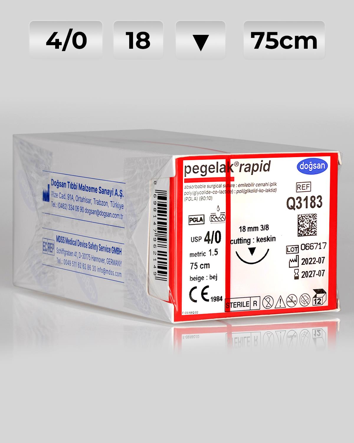 Q3183 DOĞSAN Pegelak Rapid 4/0 18 3/8 Keskin (▼) 75cm PGLA Emilebilir Sütür 12 Ad./Pkt