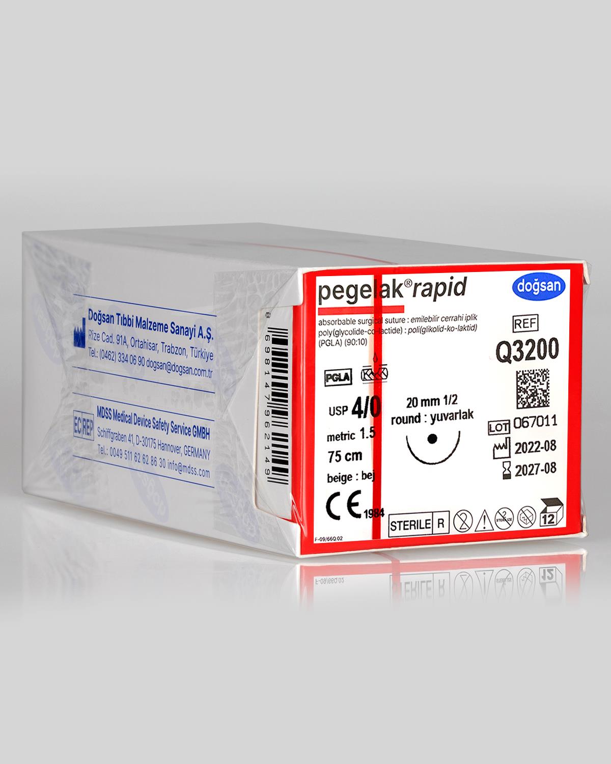 Q3200 DOĞSAN Pegelak Rapid 4/0 20 1/2 Yuvarlak (●) 75cm PGLA Emilebilir Sütür 12 Ad./Pkt