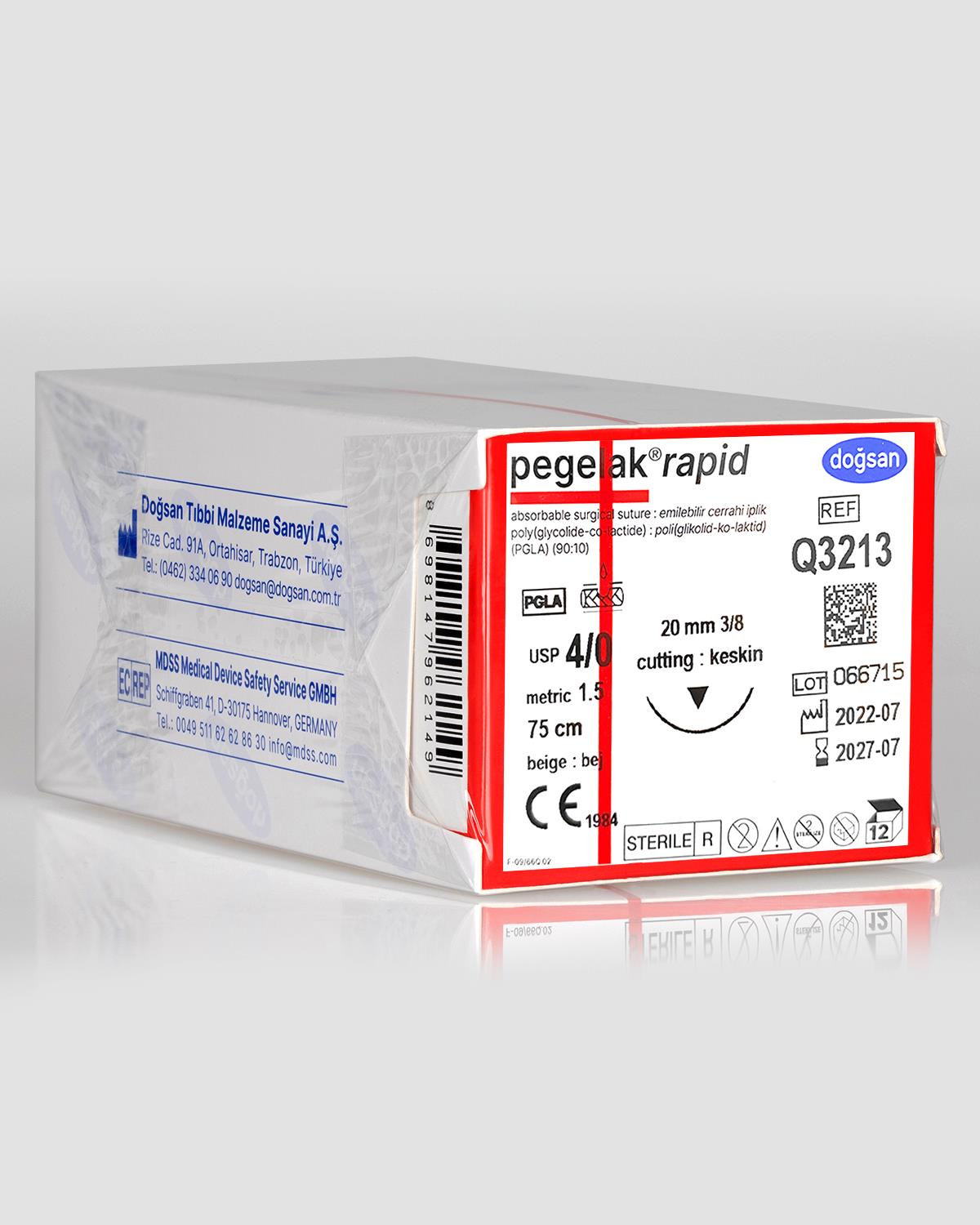 Q3213 DOĞSAN Pegelak Rapid 4/0 20 3/8 Keskin (▼) 75cm PGLA Emilebilir Sütür 12 Ad./Pkt