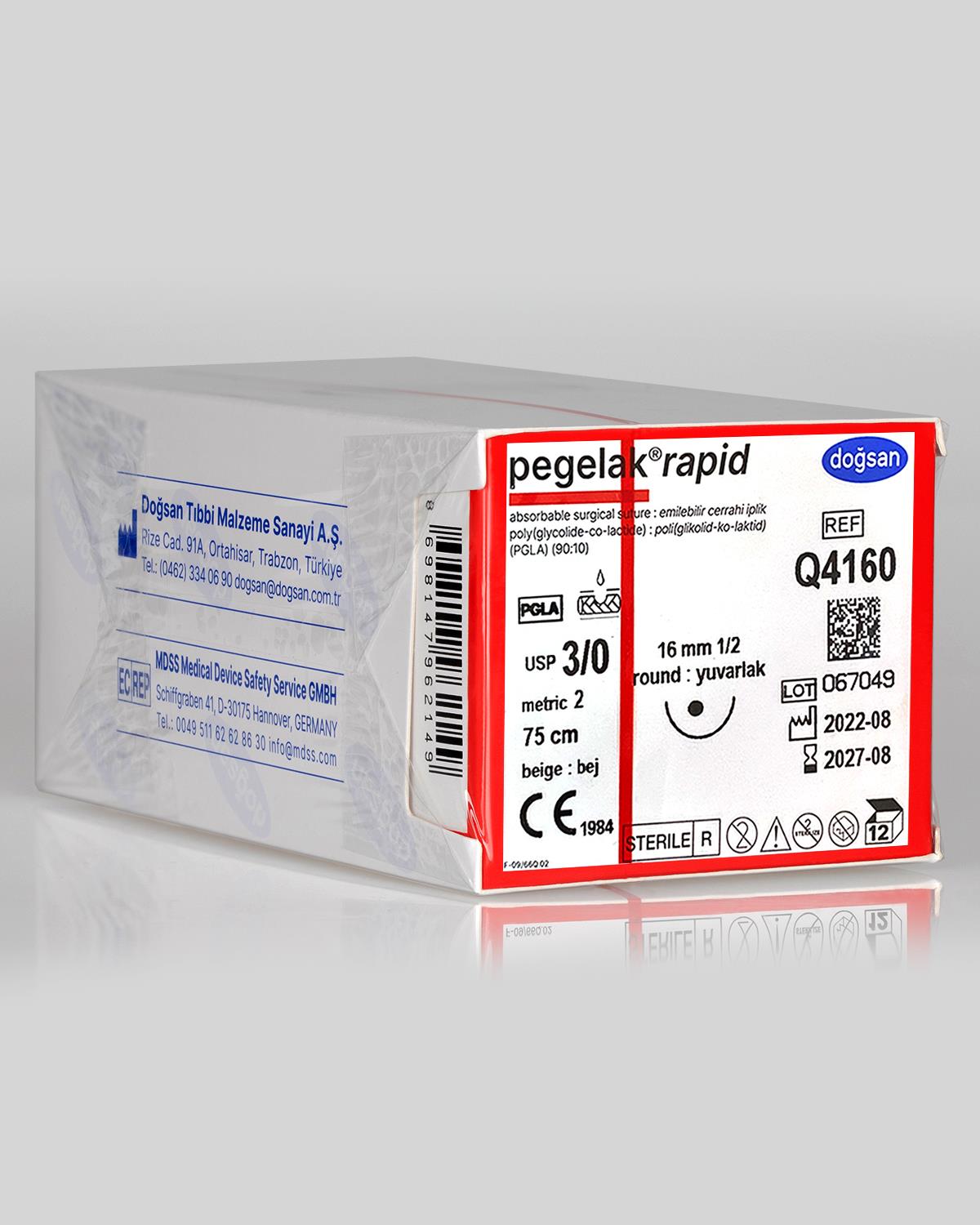 Q4160 DOĞSAN Pegelak Rapid 3/0 16 1/2 Yuvarlak (●) 75cm PGLA Emilebilir Sütür 12 Ad./Pkt