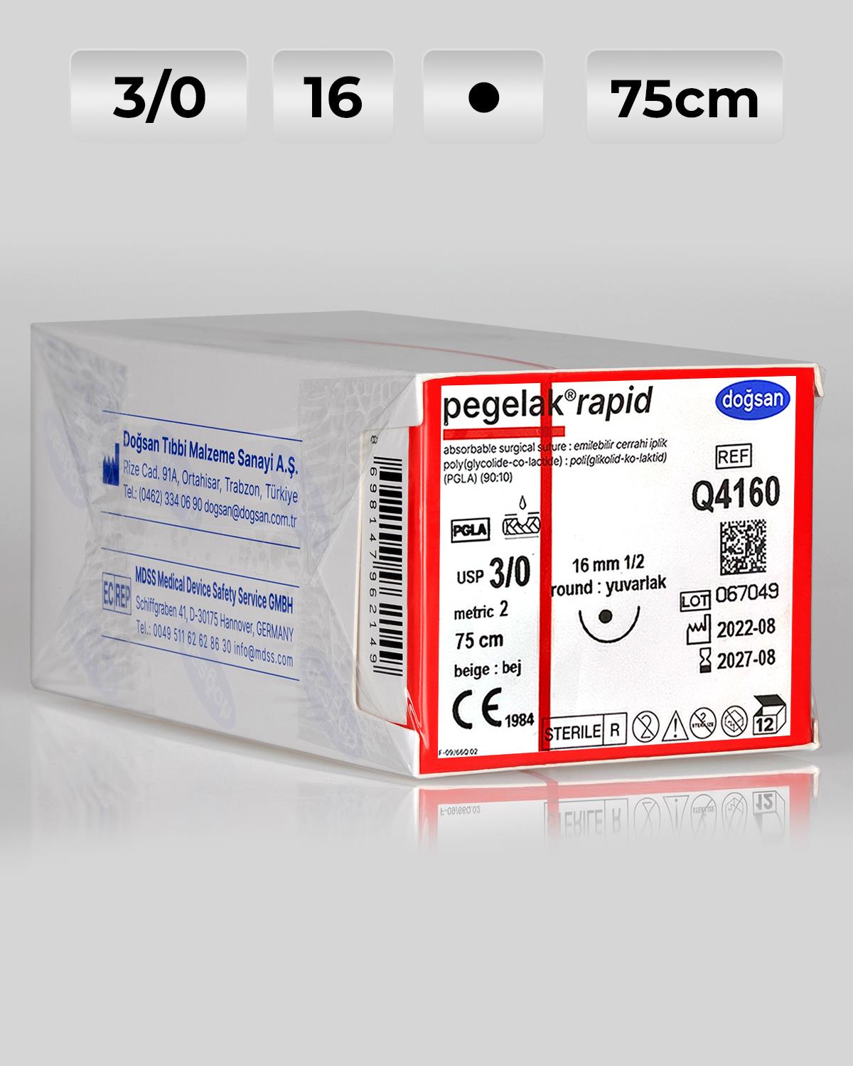 Q4160 DOĞSAN Pegelak Rapid 3/0 16 1/2 Yuvarlak (●) 75cm PGLA Emilebilir Sütür 12 Ad./Pkt