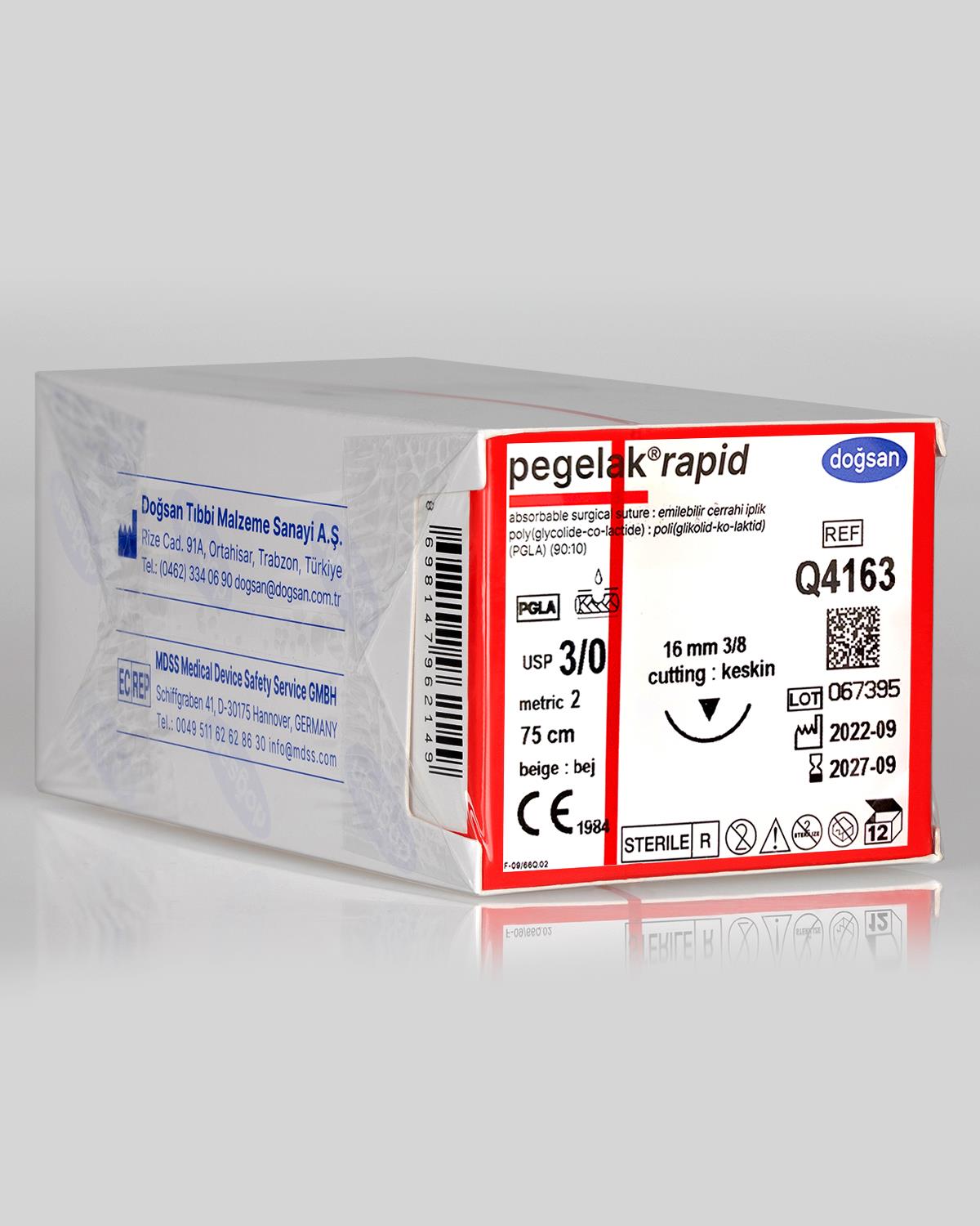 Q4163 DOĞSAN Pegelak Rapid 3/0 16 3/8 Keskin (▼) 75cm PGLA Emilebilir Sütür 12 Ad./Pkt