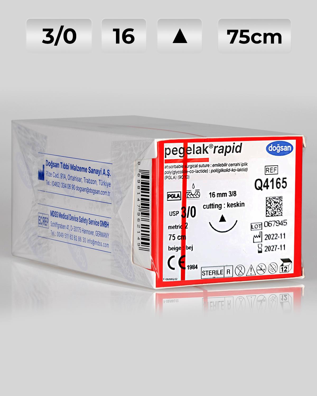 Q4165 DOĞSAN Pegelak Rapid 3/0 16 3/8 Keskin (Δ) 75cm PGLA Emilebilir Sütür 12 Ad./Pkt