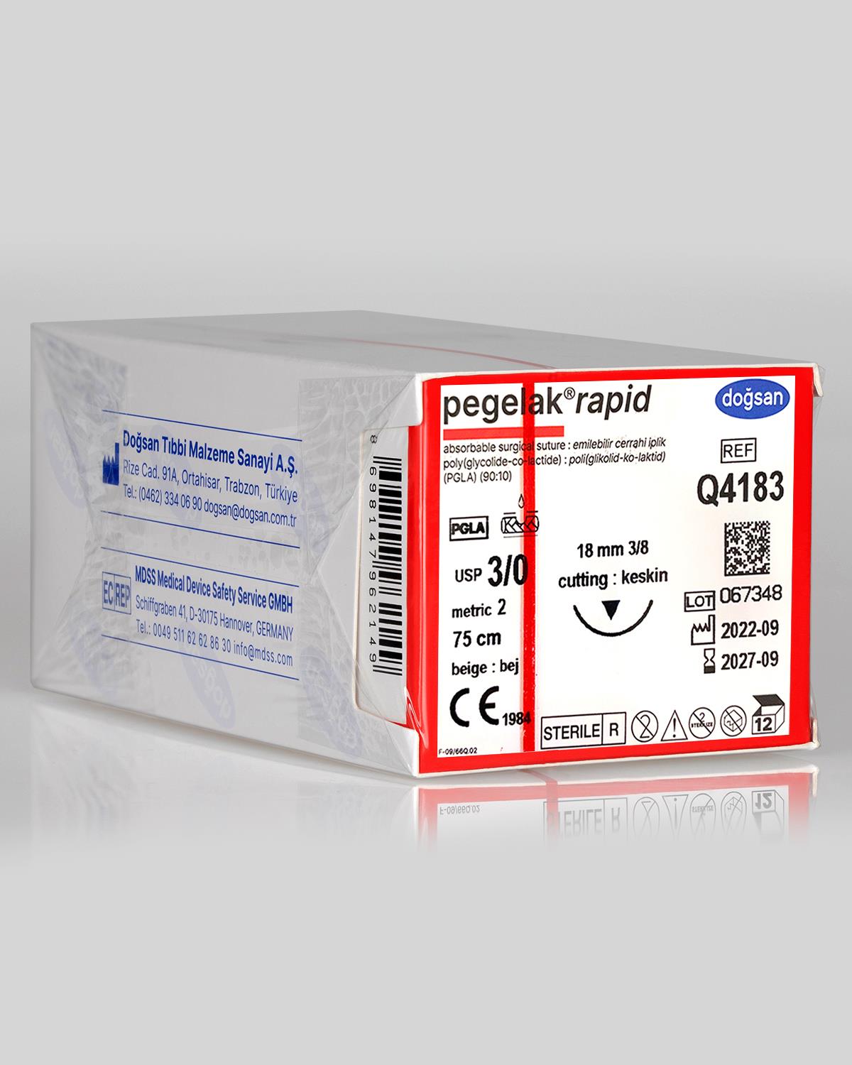 Q4183 DOĞSAN Pegelak Rapid 3/0 18 3/8 Keskin (▼) 75cm PGLA Emilebilir Sütür 12 Ad./Pkt