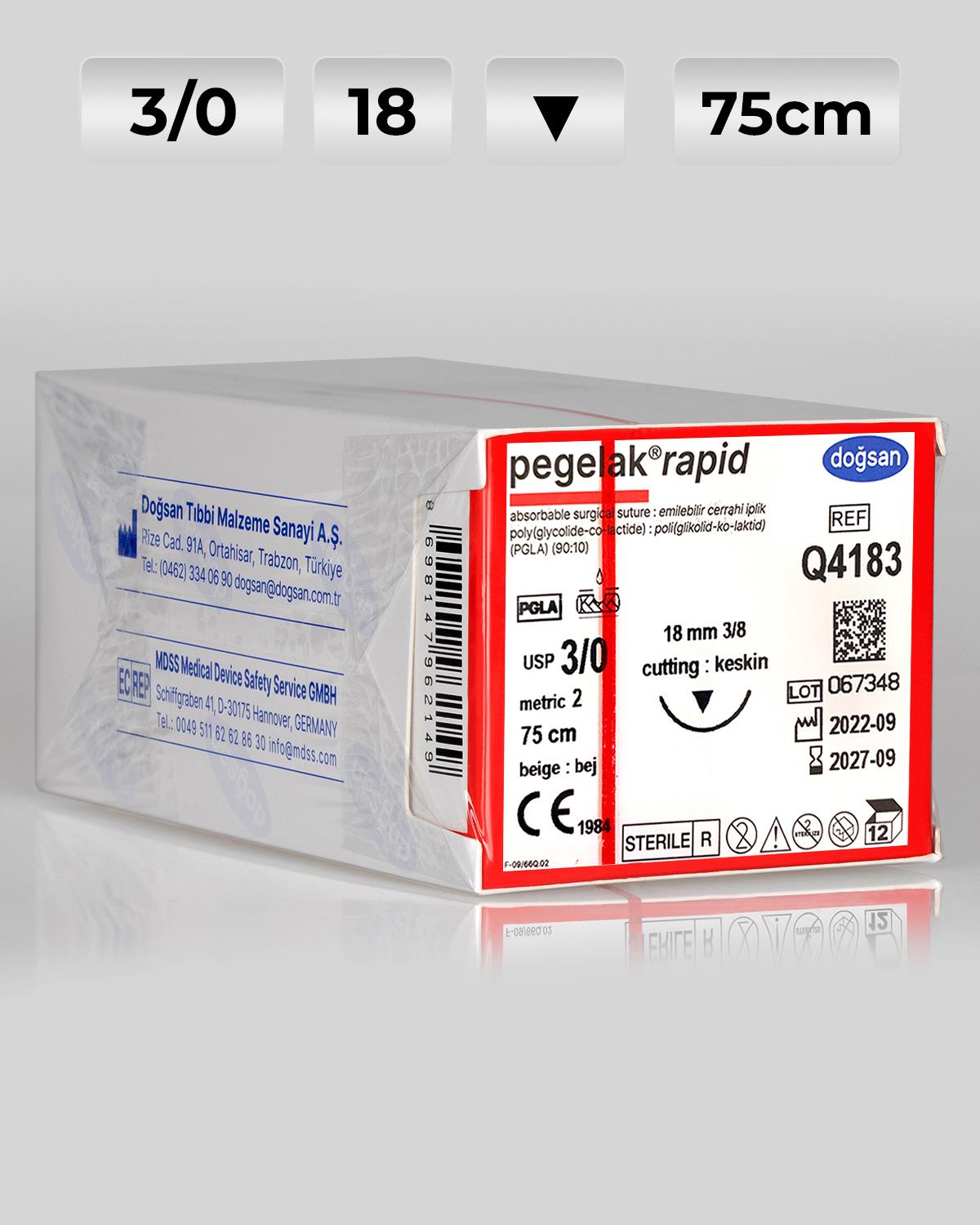 Q4183 DOĞSAN Pegelak Rapid 3/0 18 3/8 Keskin (▼) 75cm PGLA Emilebilir Sütür 12 Ad./Pkt