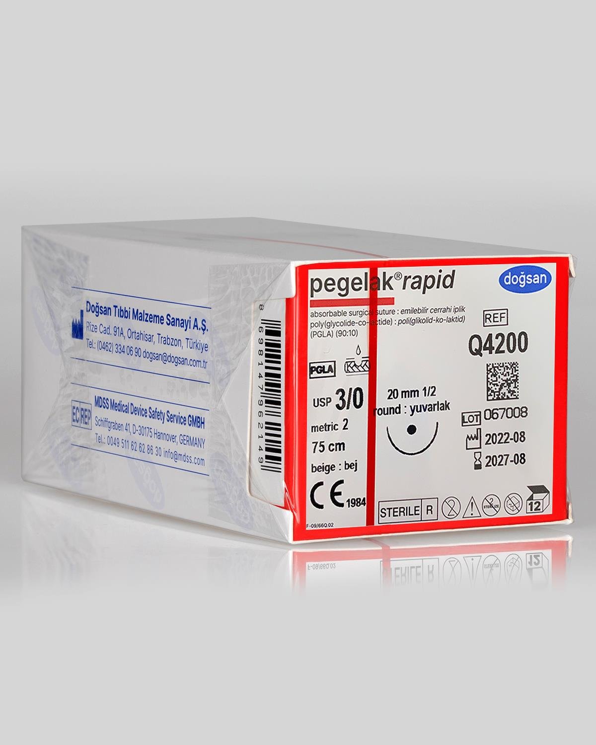 Q4200 DOĞSAN Pegelak Rapid 3/0 20 1/2 Yuvarlak (●) 75cm PGLA Emilebilir Sütür 12 Ad./Pkt