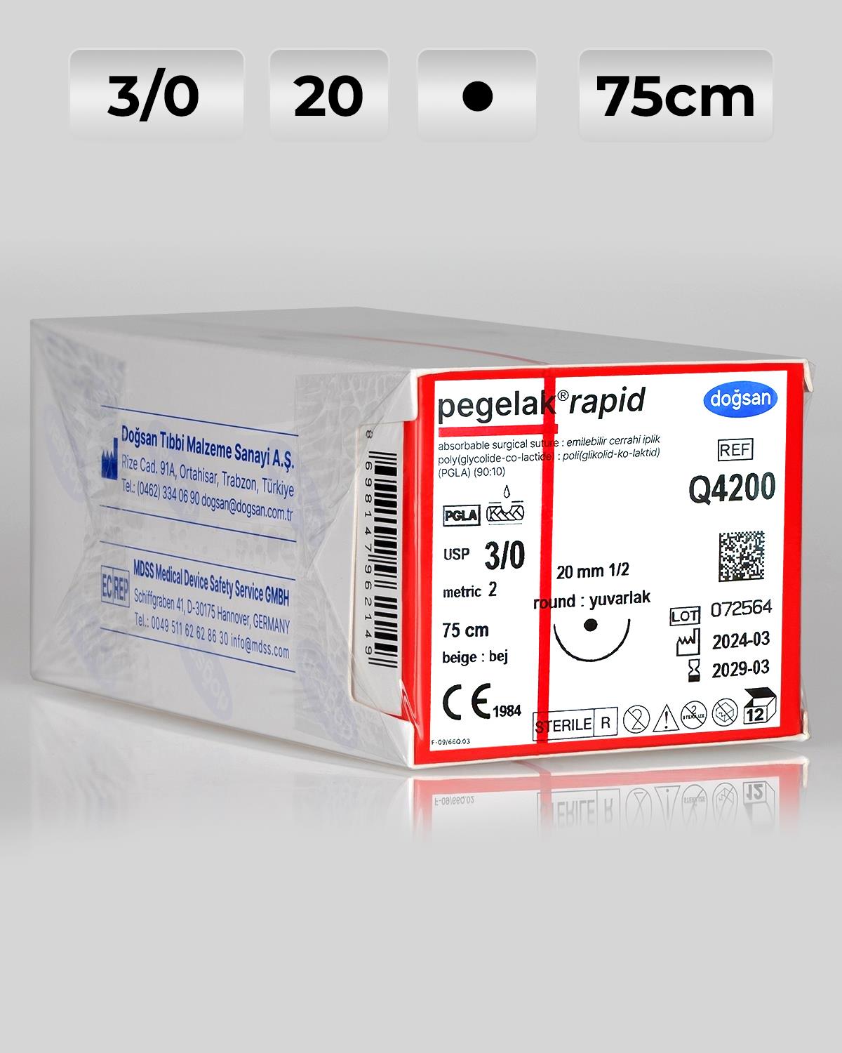 Q4200 DOĞSAN Pegelak Rapid 3/0 20 1/2 Yuvarlak (●) 75cm PGLA Emilebilir Sütür 12 Ad./Pkt