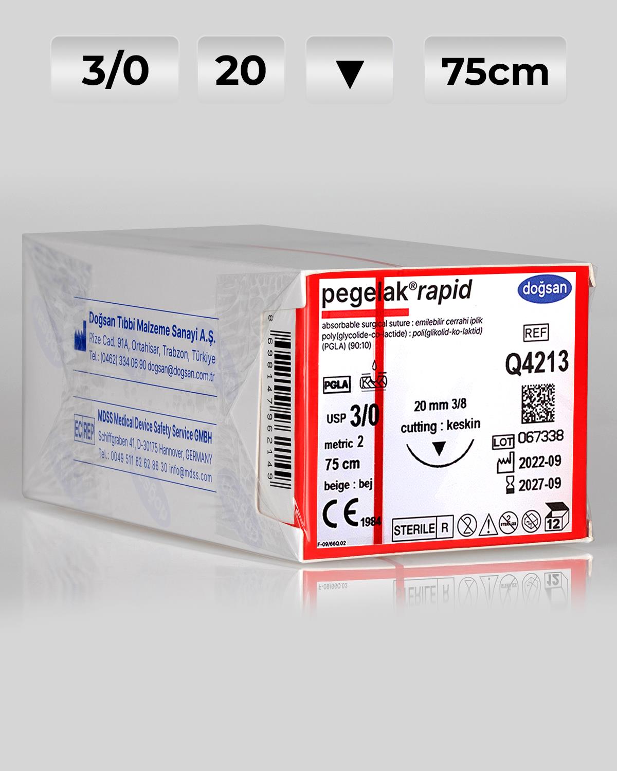 Q4213 DOĞSAN Pegelak Rapid 3/0 20 3/8 Keskin (▼) 75cm PGLA Emilebilir Sütür 12 Ad./Pkt