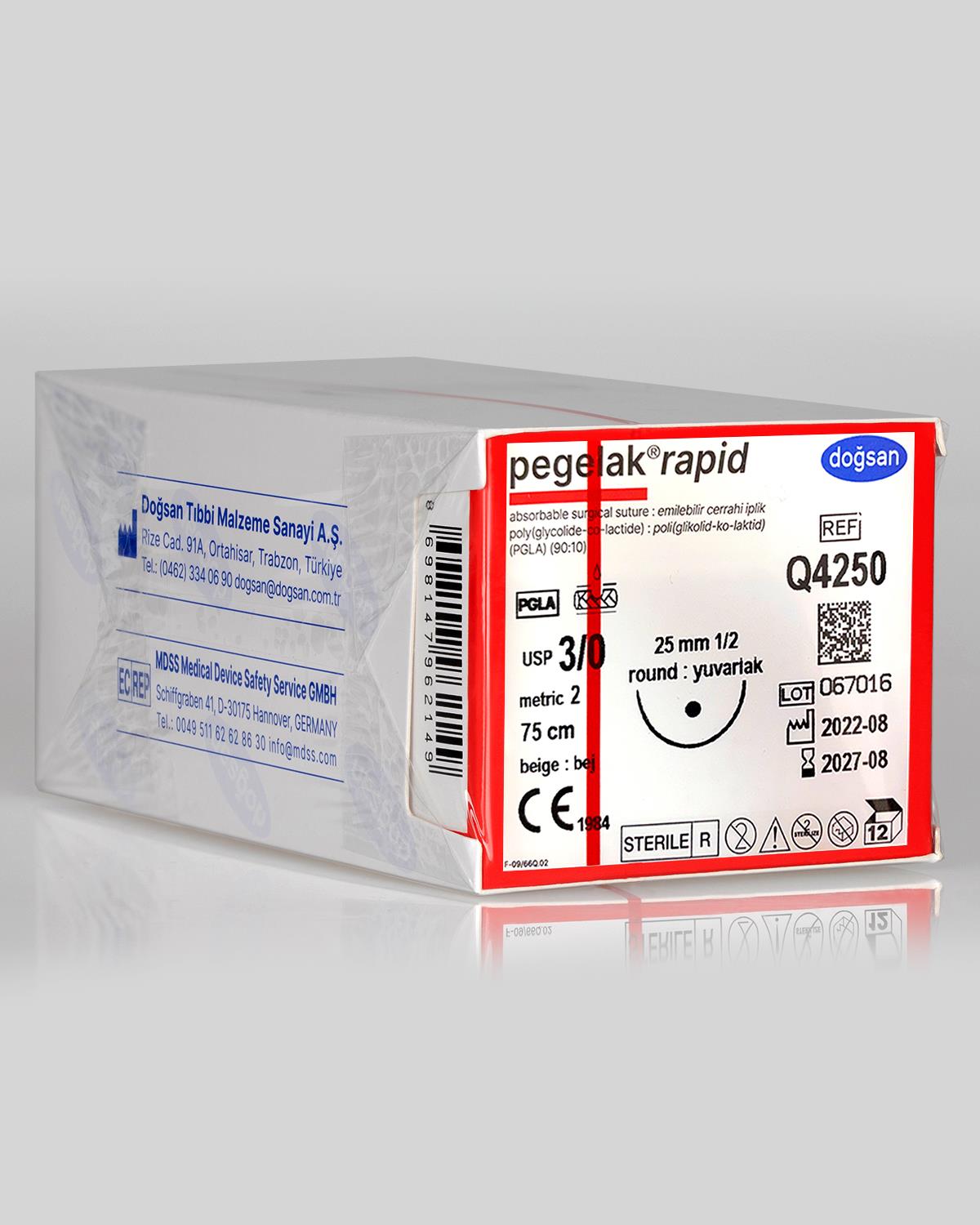 Q4250 DOĞSAN Pegelak Rapid 3/0 25 1/2 Yuvarlak (●) 75cm PGLA Emilebilir Sütür 12 Ad./Pkt