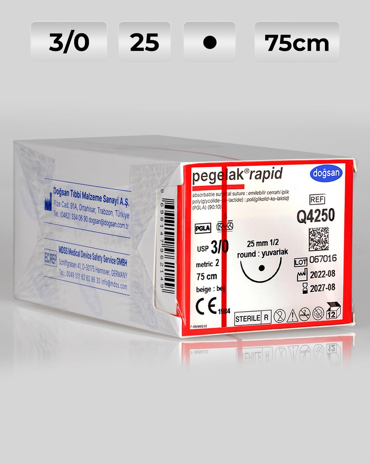 Q4250 DOĞSAN Pegelak Rapid 3/0 25 1/2 Yuvarlak (●) 75cm PGLA Emilebilir Sütür 12 Ad./Pkt